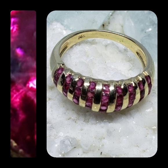 Sold estate 14K Ruby Round 9 Row Dome Ring - Picture 3 of 4